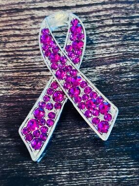 Pink‎ Ribbon Crystal Rhinestone Brooch Pin - Silver-Tone Accent
